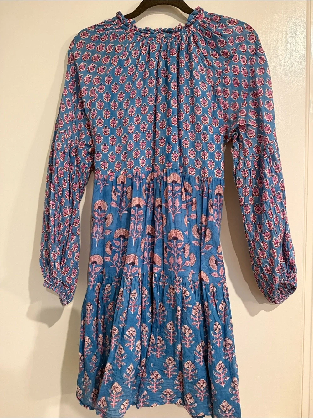 Oliphant Blue & Pink Floral Long Sleeve Tiered Dress